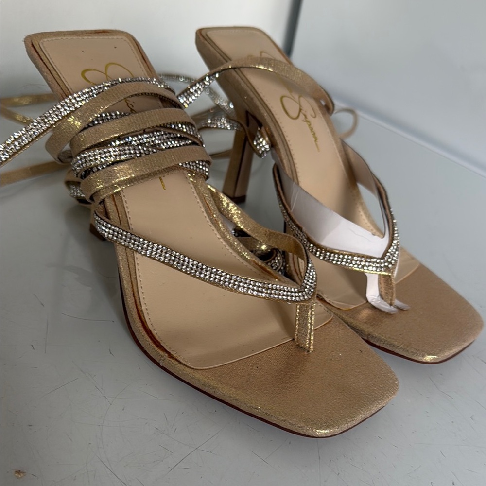 Gold Strappy Rhinestone-Trim Heeled Sandals - Women's